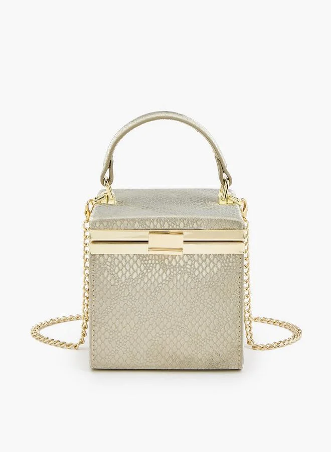 Elegant Golden Box Style Handbag With A Structured Silhouette And Top Handle Ramadan Collection